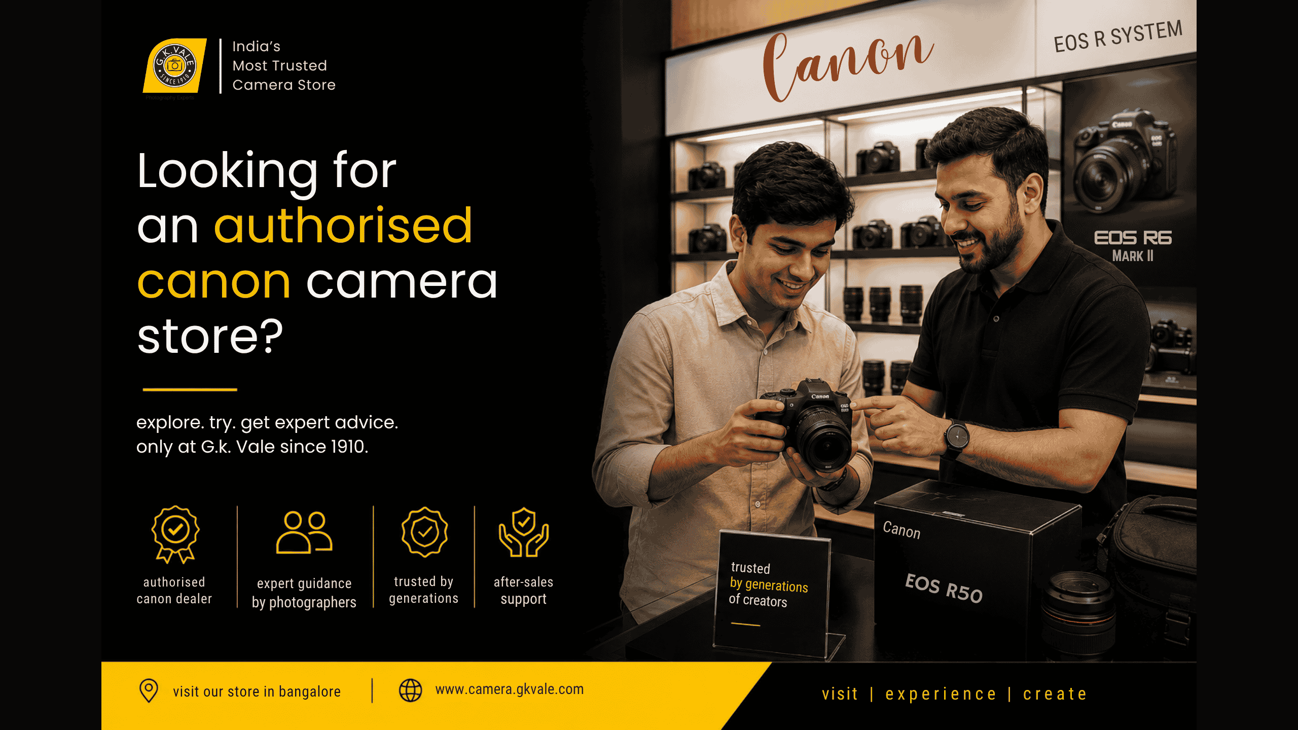 Customer testing a Canon EOS camera with expert assistance at G.K Vale an authorised Canon dealer in Bangalore.