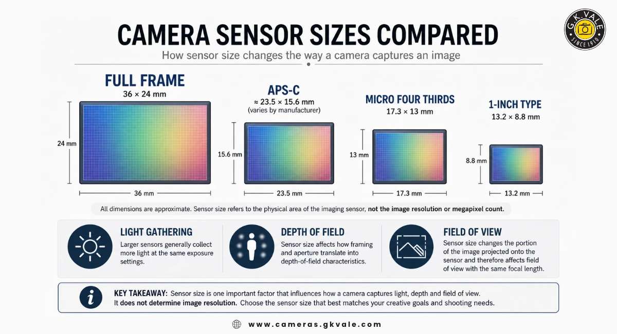 Scale comparison of full frame, APS-C, Micro Four Thirds and one-inch camera sensors